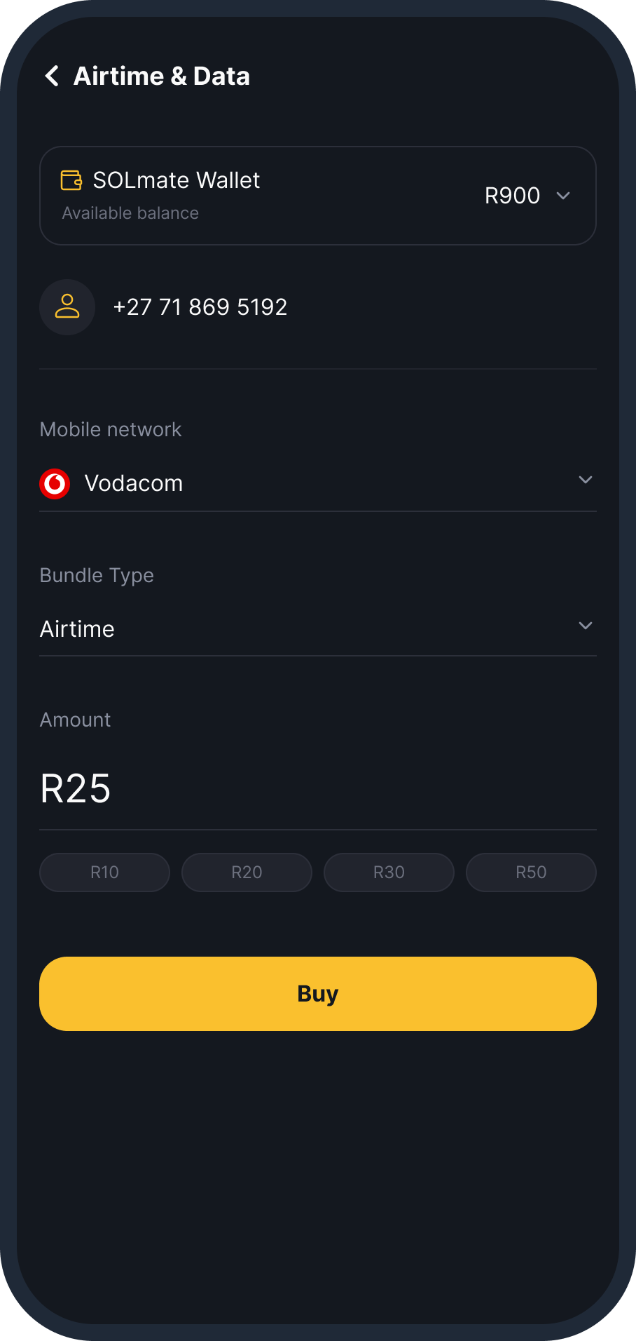 Confirming the airtime purchase in the SOLmate app — fee R0