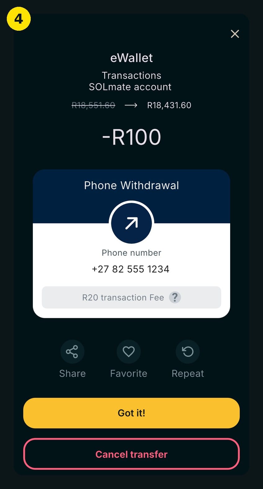 Step 4 of sending an eWallet in South Africa — transfer sent in the SOLmate app, with the option to cancel until the money is collected