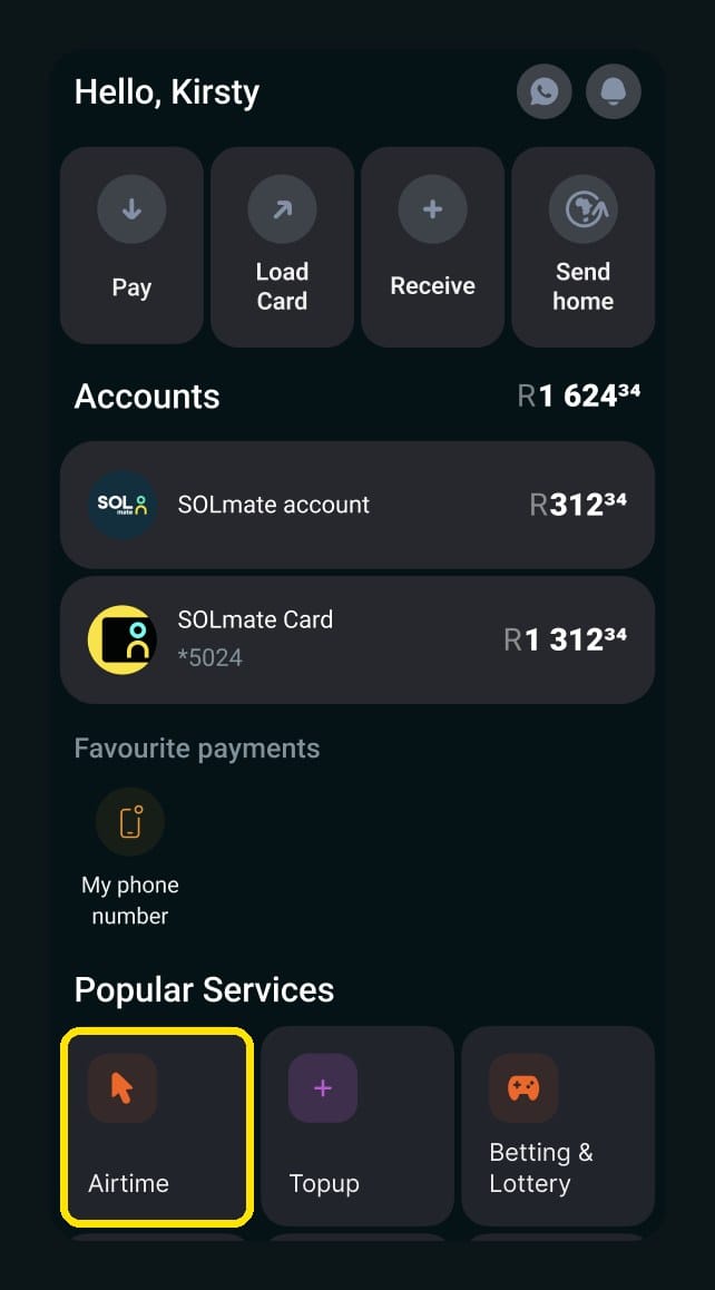Opening Airtime in the SOLmate app home screen