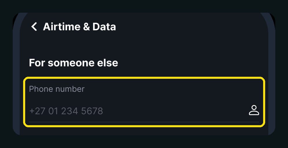 Buying airtime for someone else in the SOLmate app — entering the phone number