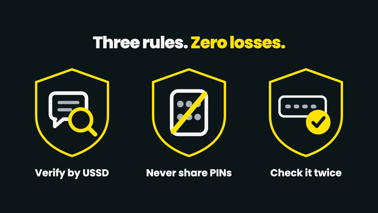 eWallet safety rules — verify the SMS by USSD, never share a PIN or OTP, double-check the phone number