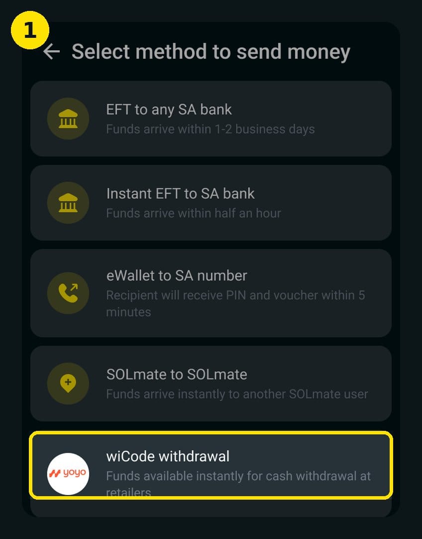 Step 1 of a wiCode withdrawal — selecting wiCode Withdrawal in the SOLmate app Send Money menu