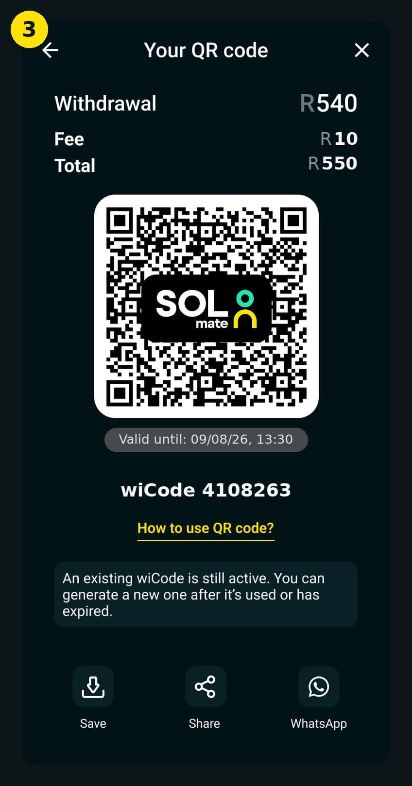 Step 3 of a wiCode withdrawal — the one-time wiCode ready to show at the till, valid for one hour