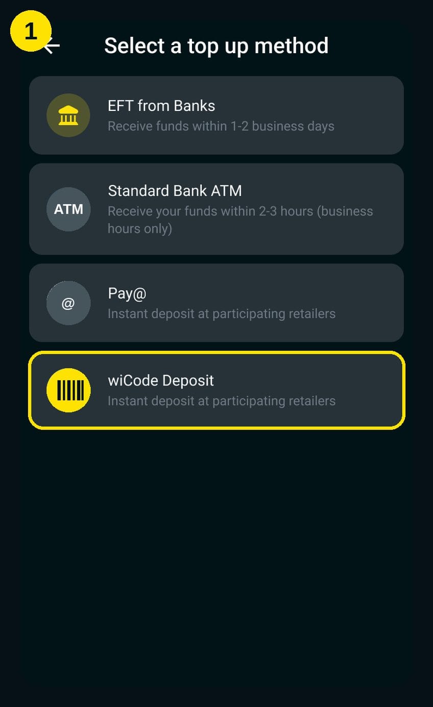 Step 1 of a wiCode cash deposit — selecting wiCode Deposit from the top-up methods in the SOLmate app