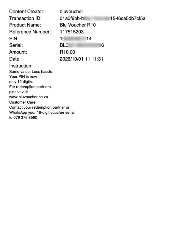 A voucher receipt from SOLmate, with the voucher PIN and serial masked