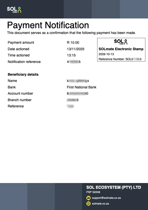 A real SOLmate payment notification, with the recipient's personal details masked for privacy