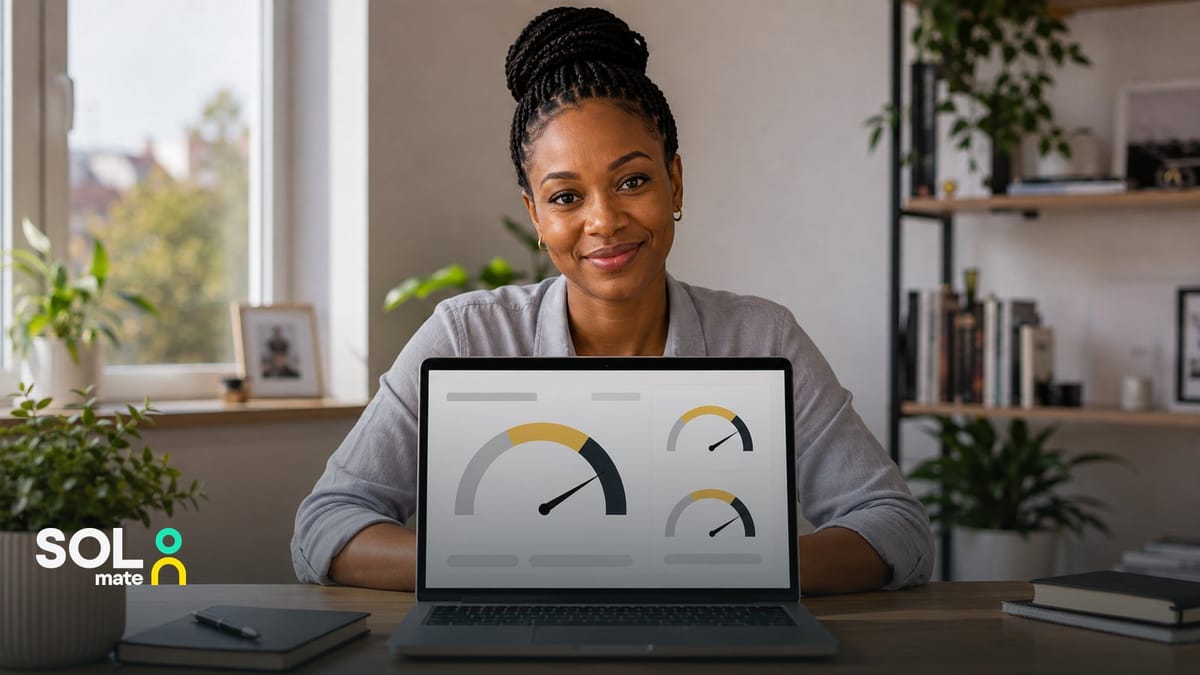 What is a good credit score in South Africa — a woman checking her credit report on a laptop with a calm, satisfied expression