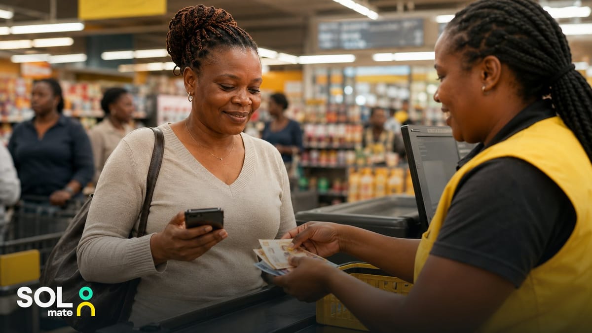How an eWallet works in South Africa — a woman collecting cash at a supermarket till using a PIN from her phone