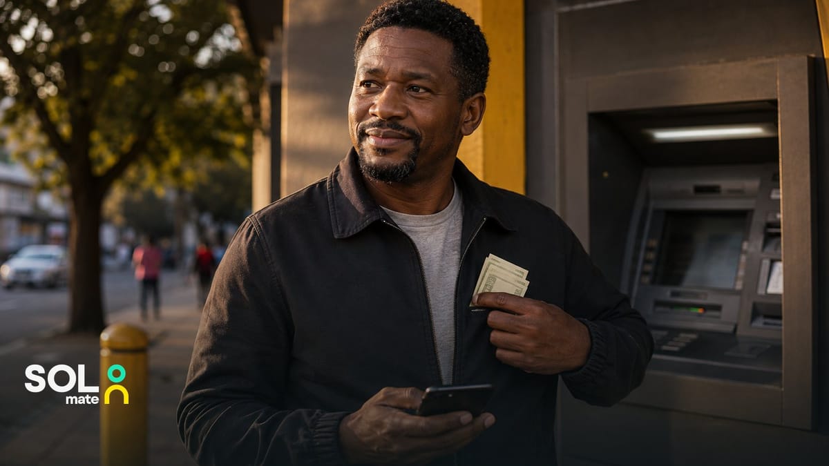 Payday loans in South Africa — a man with cash in one hand and his phone in the other after withdrawing an approved cash advance at an ATM