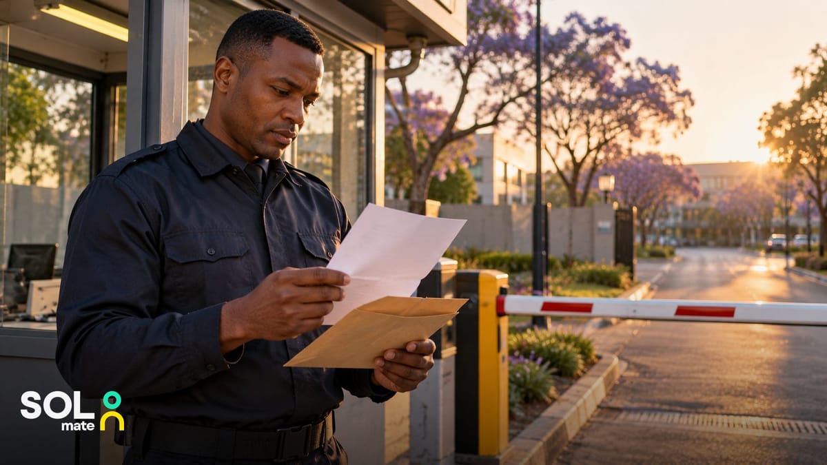Garnishee order in South Africa: a security guard reads his payslip at the end of a night shift