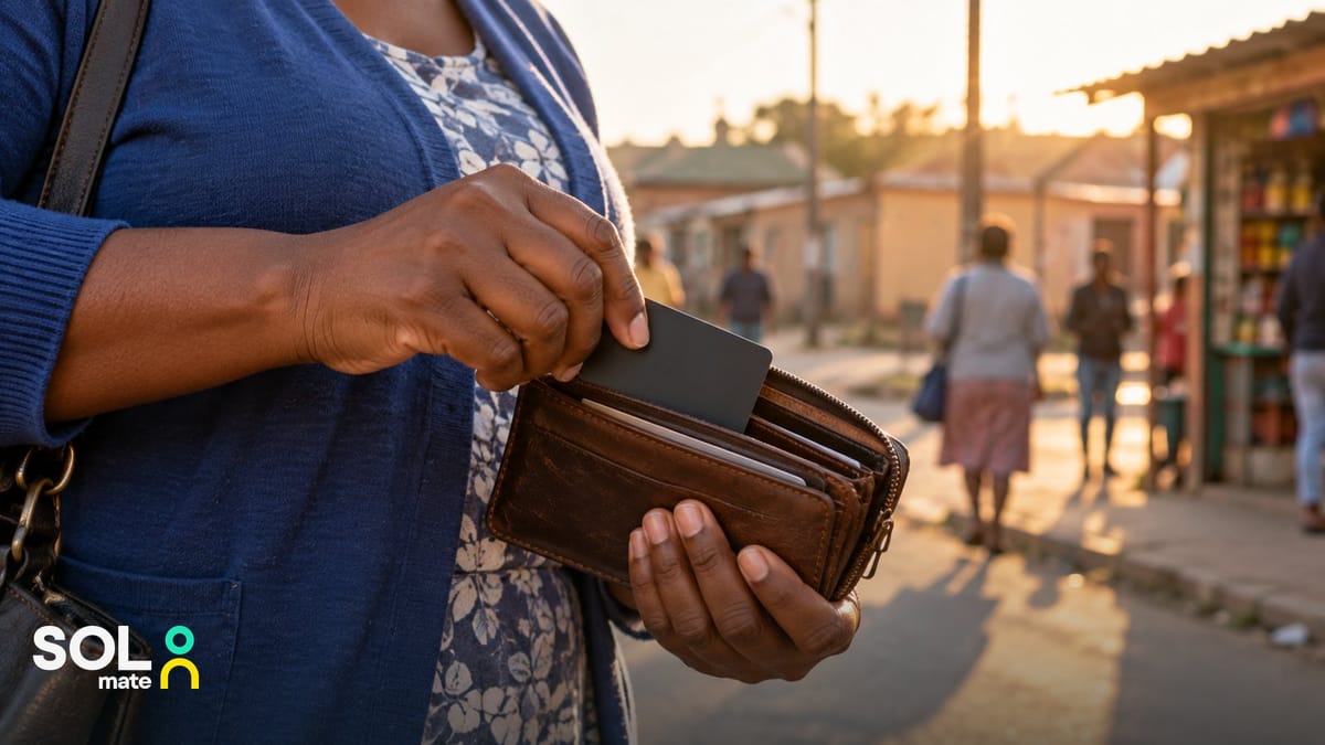 Mashonisa loans in South Africa: a woman puts her own bank card back into her wallet instead of handing it over
