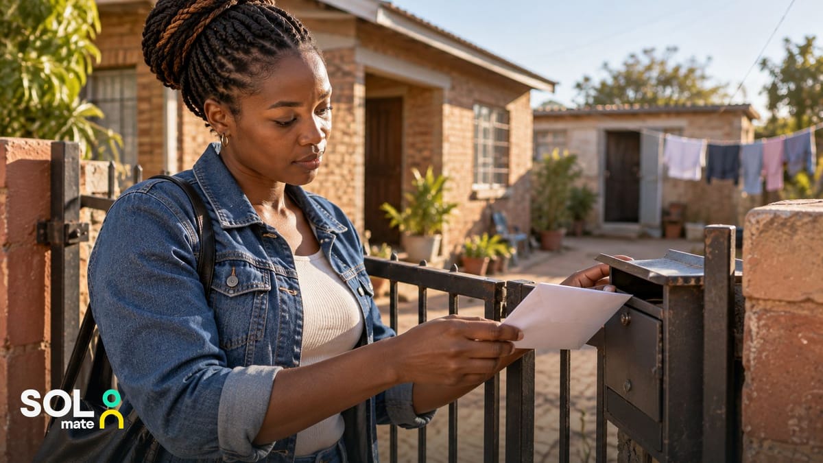 Proof of residence in South Africa: a woman takes a letter from the postbox at the gate of the house where she rents a room