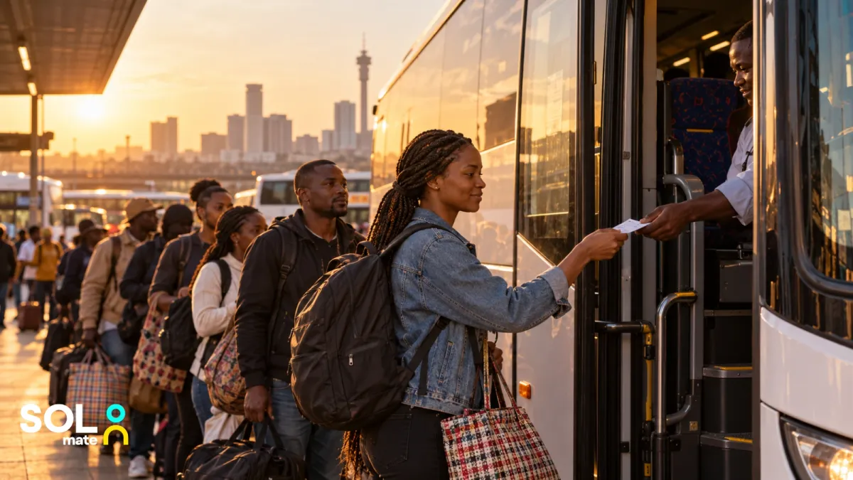 Travellers boarding a long-distance coach at a Johannesburg terminal in the evening