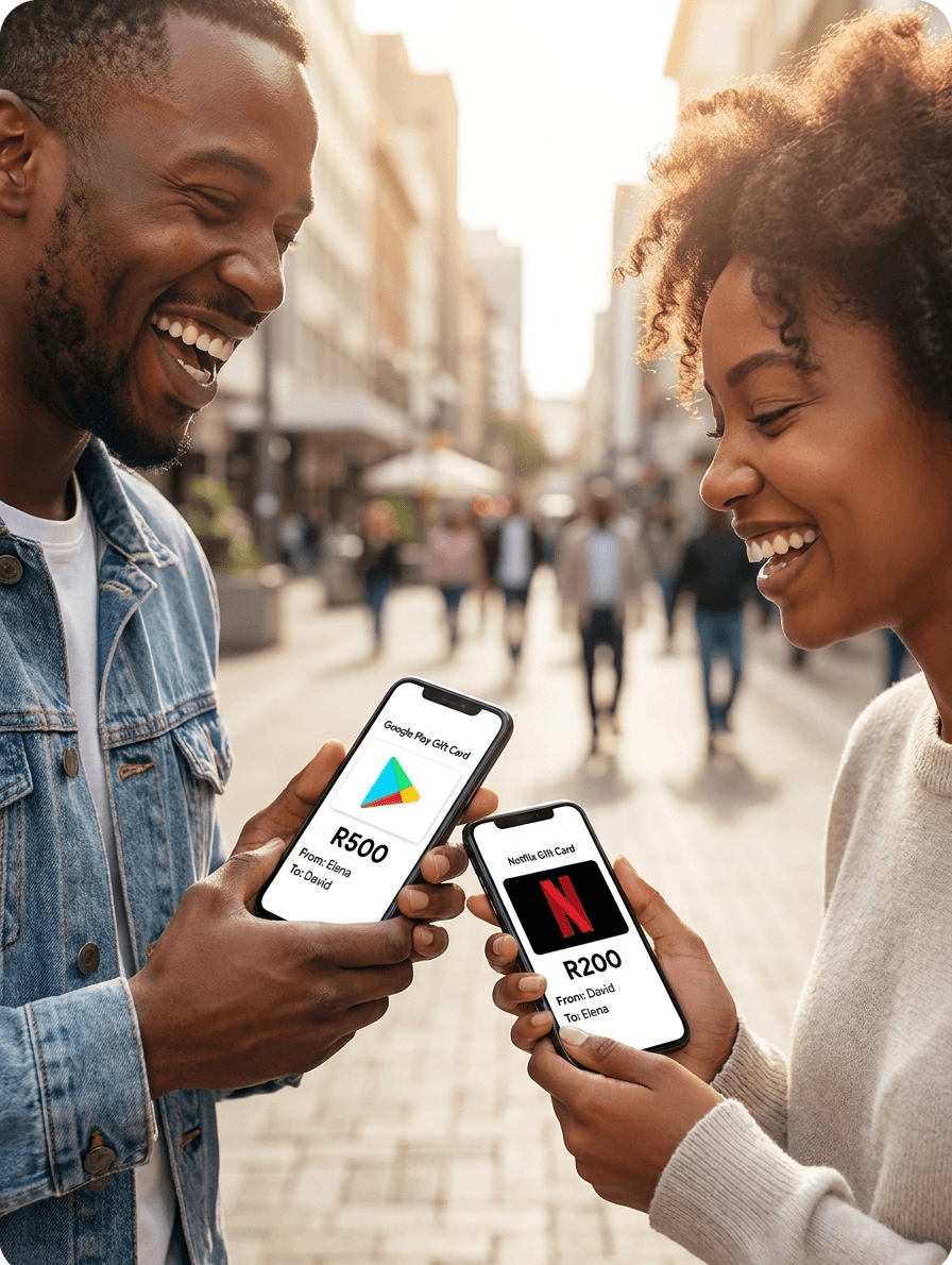 Two people sharing digital gift cards on their phones